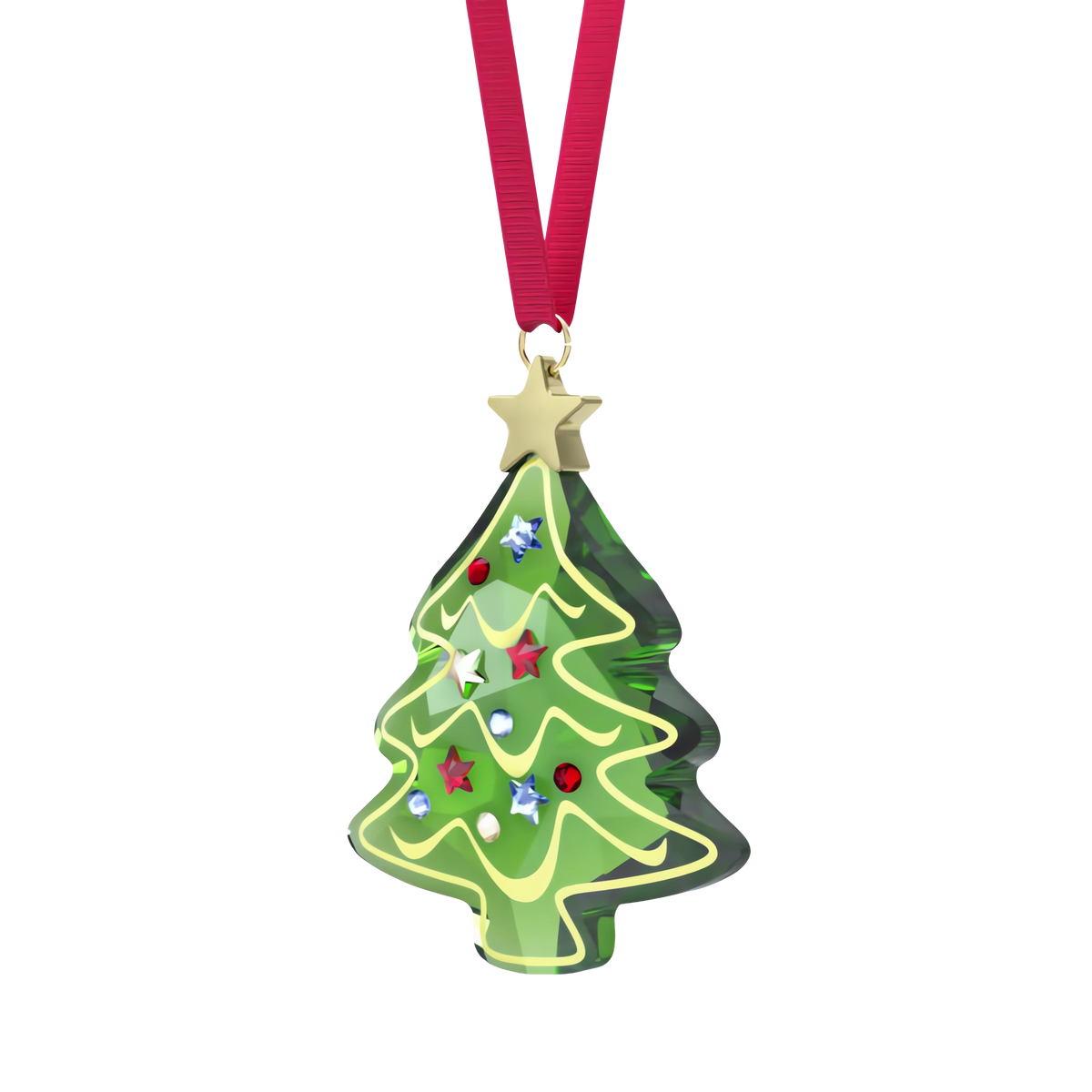 The Swarovski Holiday Cheers Holiday Tree Ornament by Swarovski, shaped like a Christmas tree and embellished with yellow garland, colorful star and round crystal gems, is topped with a gold star and hangs from a vibrant red ribbon against a white background.