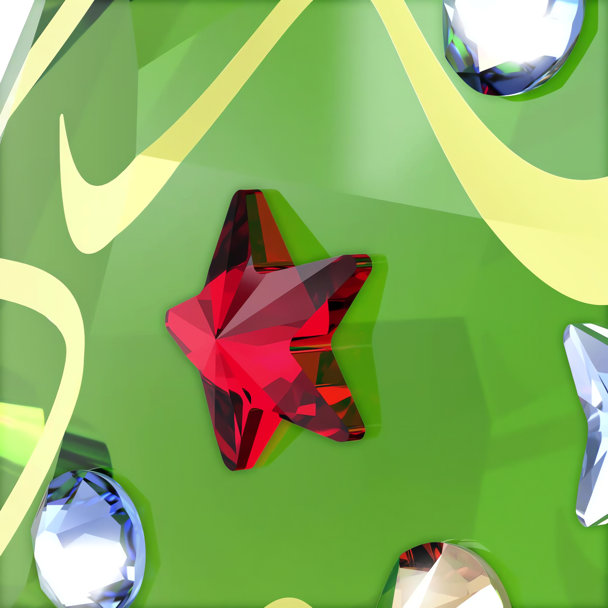 The Swarovski Holiday Cheers Holiday Tree Ornament, a sparkling red star-shaped decoration from Swarovski, is displayed on a green surface and surrounded by yellow curves with gem-like embellishments in blue and clear hues.