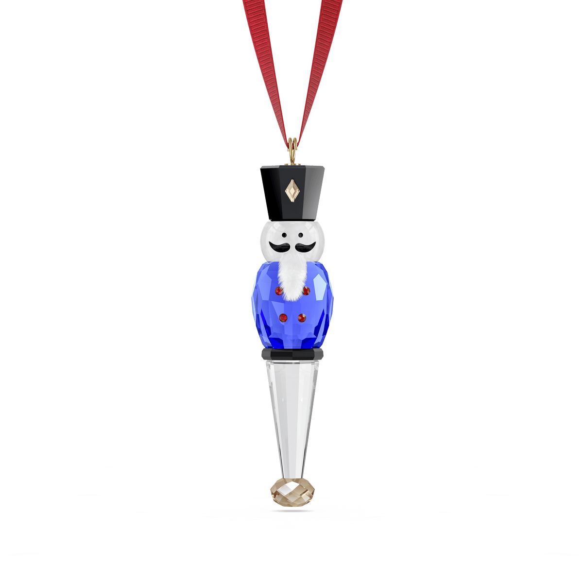The Swarovski Holiday Cheers Nutcracker Ornament, Blue by Swarovski is a crystallized soldier-shaped ornament featuring a blue jacket, red buttons, black hat, white beard, and a red ribbon for hanging—a charming holiday decoration that stands out as festive décor against a plain white background.