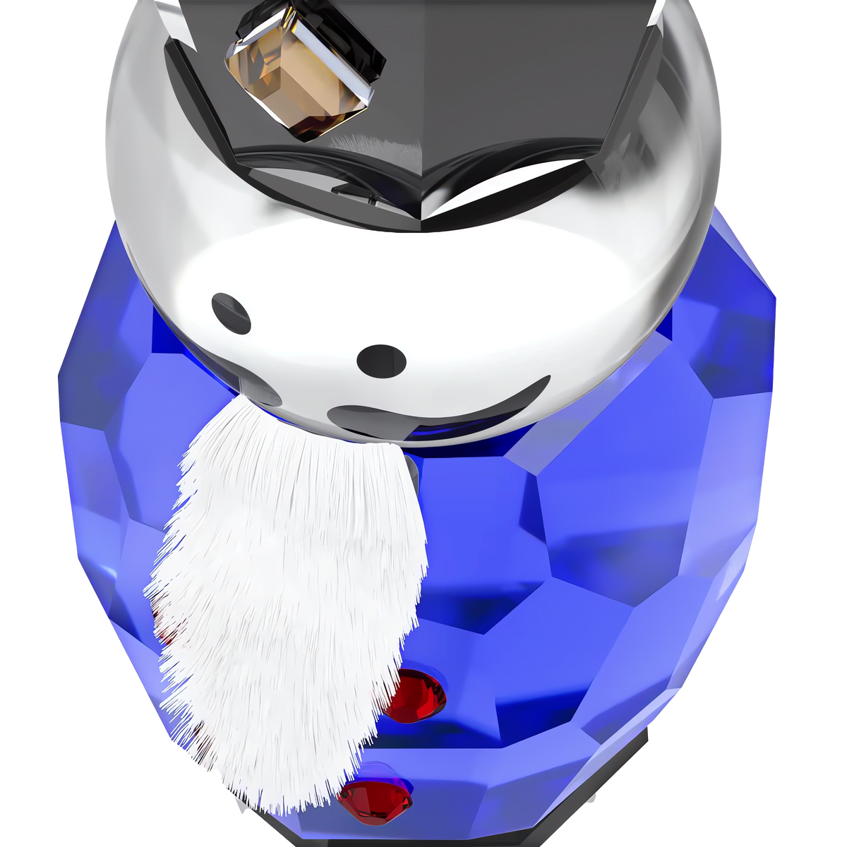 A close-up of the Swarovski Holiday Cheers Nutcracker Ornament, Blue by Swarovski—a shiny, geometric figure featuring a white beard, silver face, blue faceted body, red buttons, and a black hat—perfect as festive décor or a unique holiday decoration.