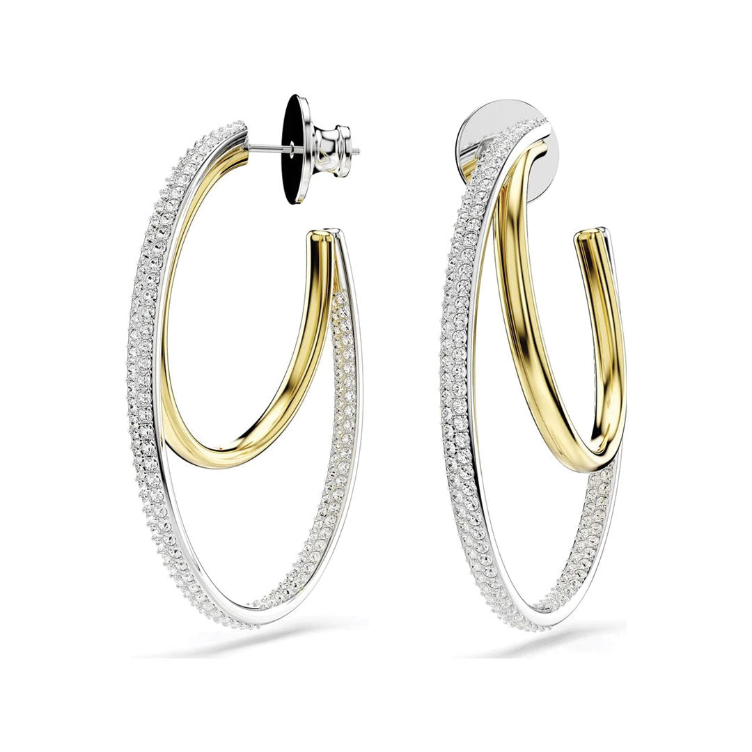 Introducing the Swarovski Hyperbola Hoop Earrings, a refined accessory from Swarovski featuring a dual-tone design and mixed metal finish. These elegant open hoop earrings are embellished with sparkling Swarovski Zirconia on the outer layer, complemented by a sleek gold band on the inside for a modern and sophisticated look.