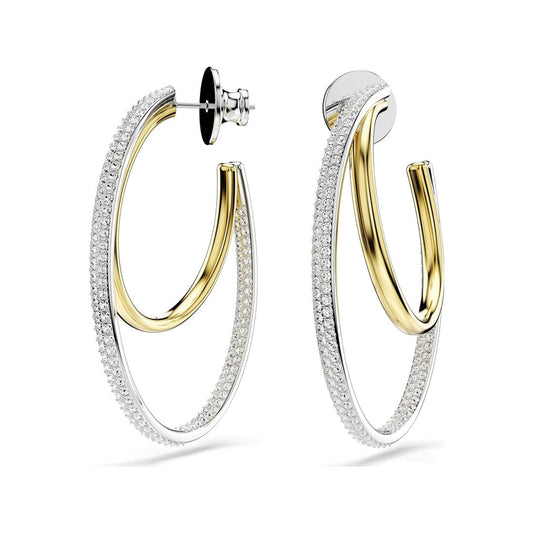 Introducing the Swarovski Hyperbola Hoop Earrings, a refined accessory from Swarovski featuring a dual-tone design and mixed metal finish. These elegant open hoop earrings are embellished with sparkling Swarovski Zirconia on the outer layer, complemented by a sleek gold band on the inside for a modern and sophisticated look.