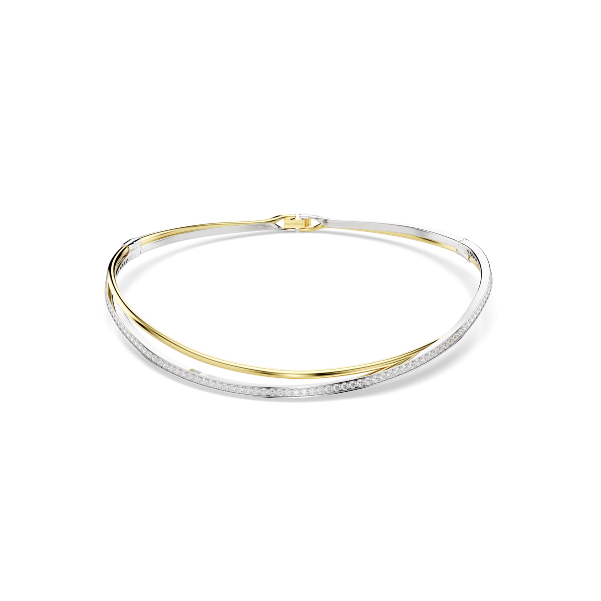 A sophisticated choker from Swarovski, the Hyperbola Choker features a sleek, overlapping design in a mixed metal finish with brilliant round-cut stones adorning one side—an elegant accessory reminiscent of the refined collections at Raffi Jewellers and the allure of Swarovski Canada, beautifully displayed on a plain white background.