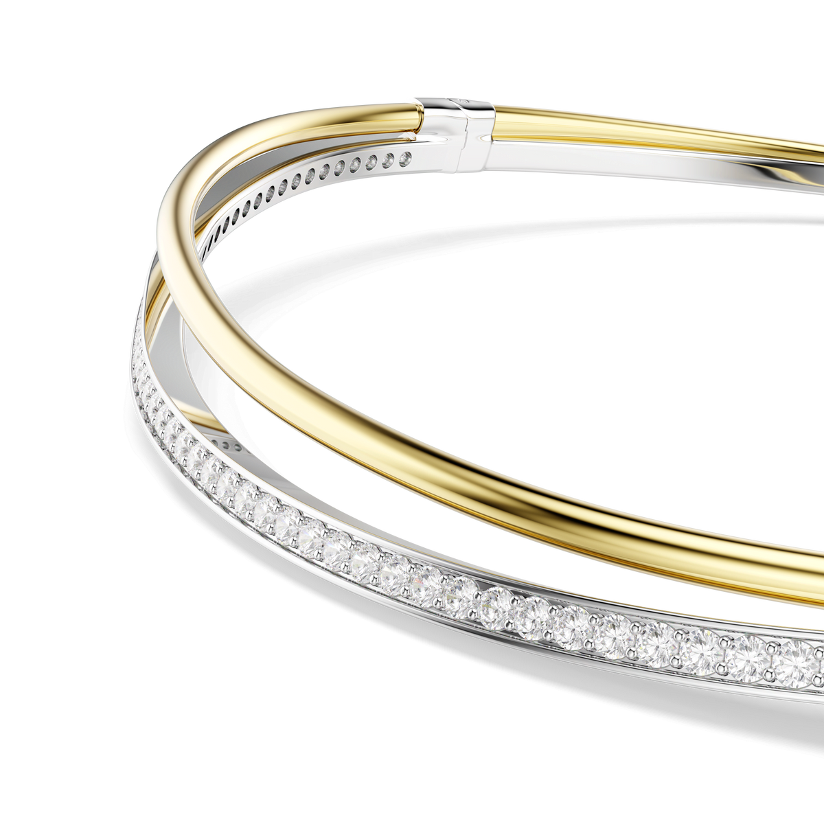 Close-up of the Swarovski Hyperbola Choker by Swarovski, featuring an elegant mixed metal finish with overlapping gold and silver-tone bands, one adorned with a row of sparkling round cut crystals, set against a plain white background.