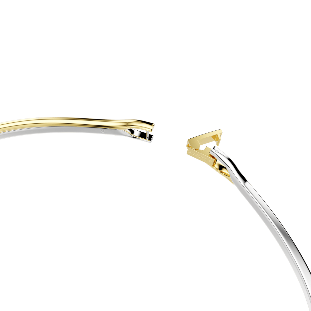A close-up of the Swarovski Hyperbola Choker by Swarovski showcases its round cut design with two mixed metal ends—one gold and one silver—placed side by side against a plain white background. The modern, connectable metallic accents highlight the choker’s contemporary mixed metal finish.