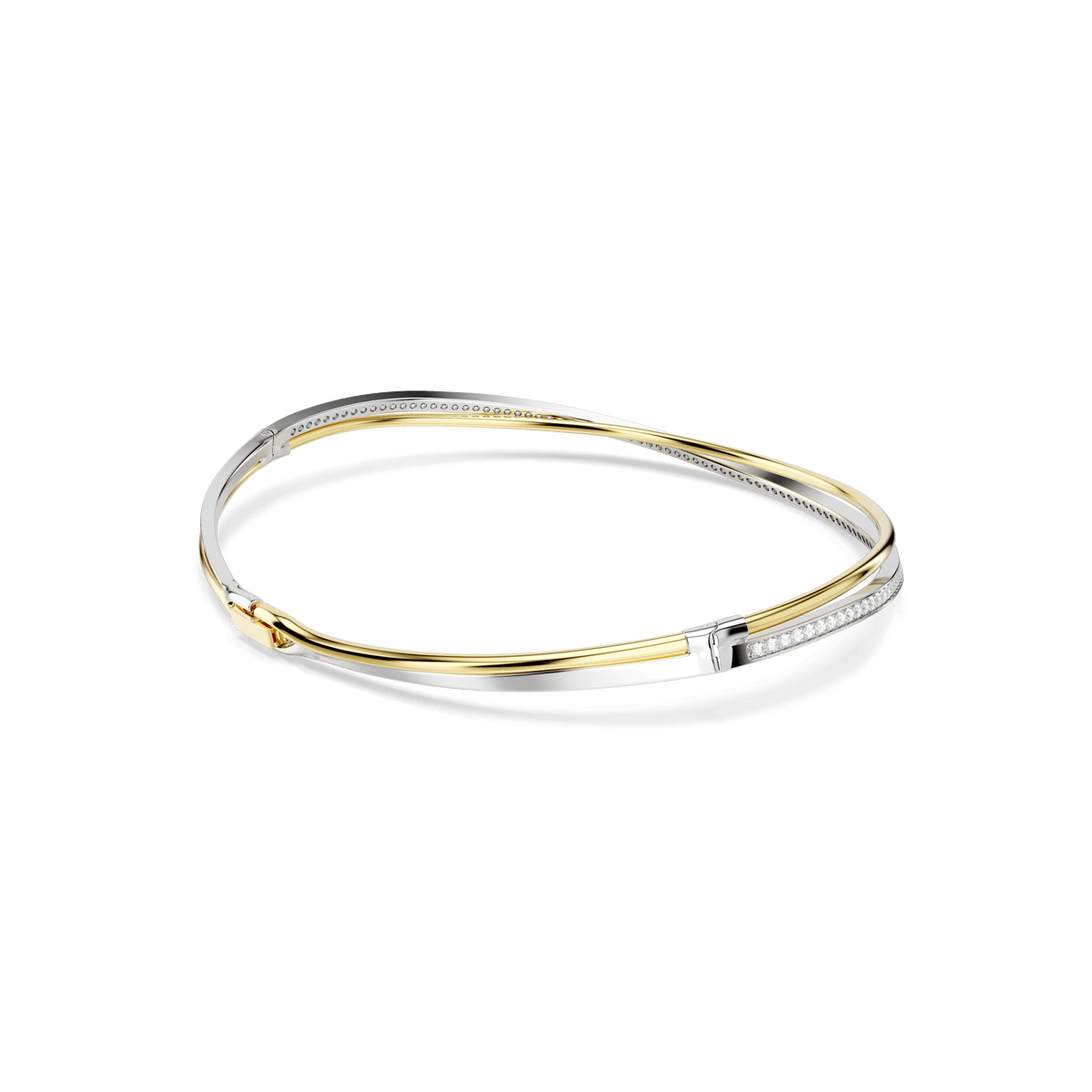 A delicate bracelet with intertwined silver and gold bands, featuring a small section of embedded clear stones on one side, displayed on a plain white background. This elegant piece beautifully complements other Swarovski collections, such as the Swarovski Hyperbola Choker, Round Cut, Mixed Metal Finish by Swarovski, available at Raffi Jewellers.