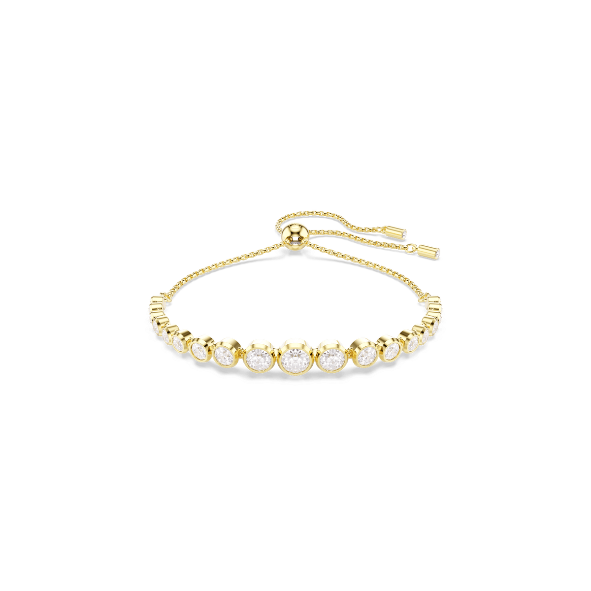 The Swarovski Imber bracelet features mixed round-cut white crystals set along the front of an 18K gold finish adjustable chain, creating an elegant look reminiscent of a classic crystal bezel bracelet. Shown on a plain white background.