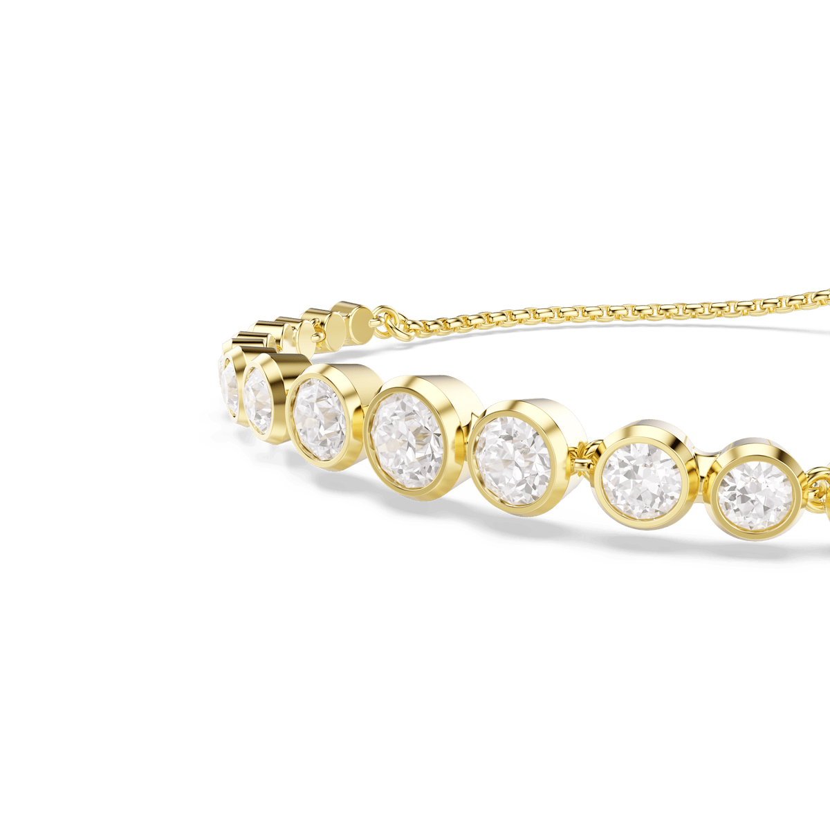 A close-up of the Swarovski Imber bracelet, crafted with an 18K gold finish and adorned with mixed round-cut white stones arranged in a row against a white background, highlighting the elegant craftsmanship of Swarovski jewelry.