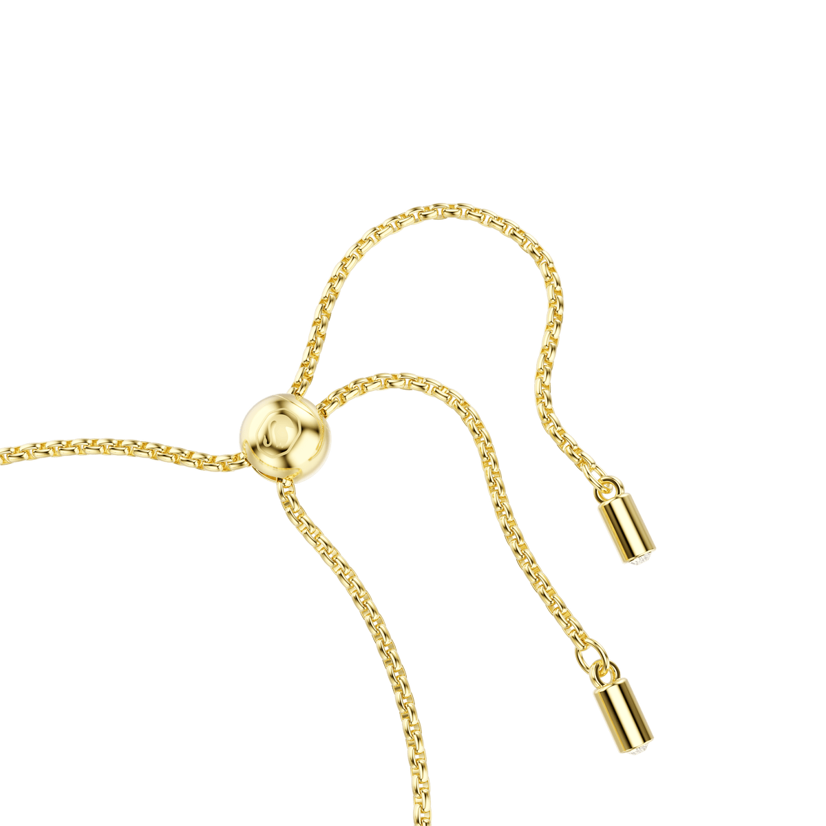 Close-up of the Swarovski Imber bracelet, featuring mixed round-cut white crystals and an 18K gold finish with a sliding clasp and two cylindrical ends, shown on a plain white background.