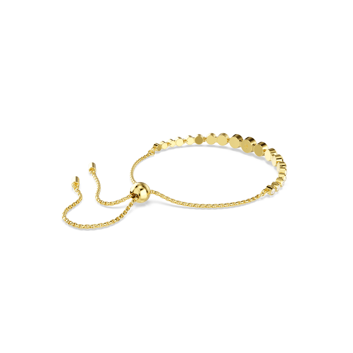 Swarovski Imber bracelet by Swarovski, featuring mixed round-cut charms on a delicate 18K gold-finished chain with a sliding bead clasp, is elegantly displayed against a plain white background.