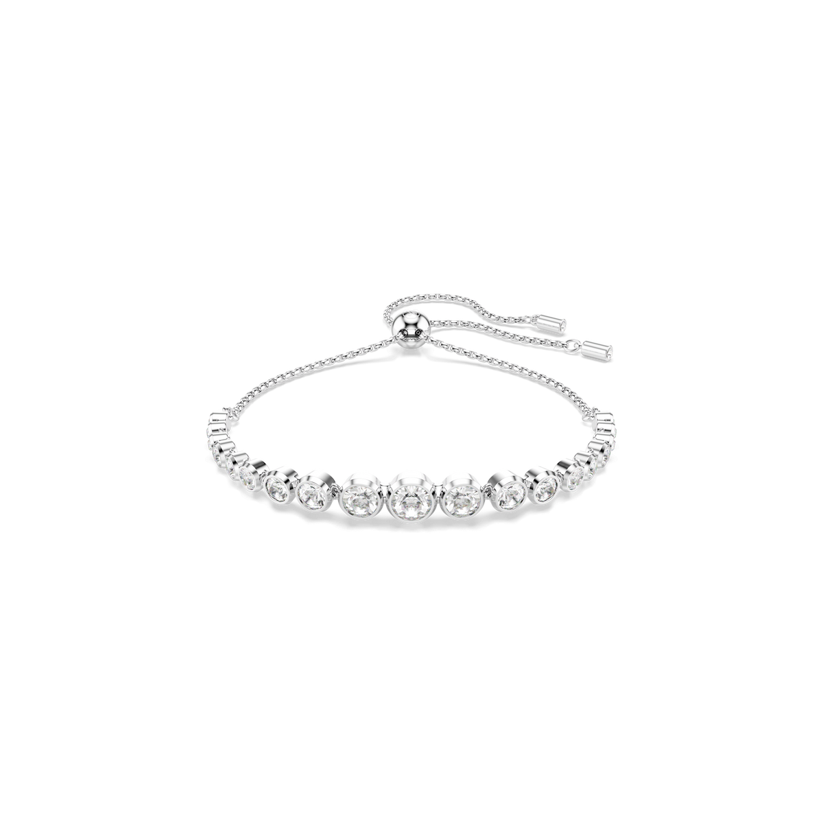 The Swarovski Imber bracelet by Swarovski features mixed round-cut white crystals set at the center and is rhodium plated, finished with a sliding closure for an adjustable fit. It is displayed against a plain white background.