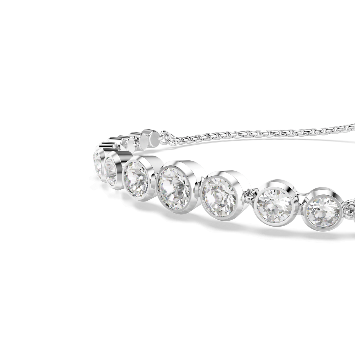 A close-up of the Swarovski Imber bracelet by Swarovski, showcasing mixed round-cut clear gemstones set in bezel settings and arranged in a row on a rhodium-plated band, displayed against a plain white background.