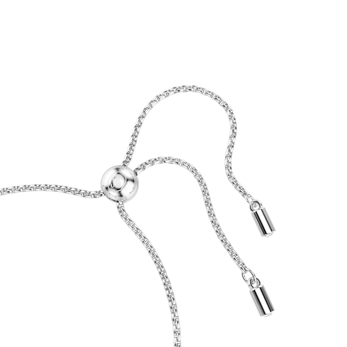 Close-up of the Swarovski Imber bracelet, featuring mixed round cuts and a rhodium plated adjustable silver chain with a round sliding closure and two cylindrical ends, set against a plain white background.
