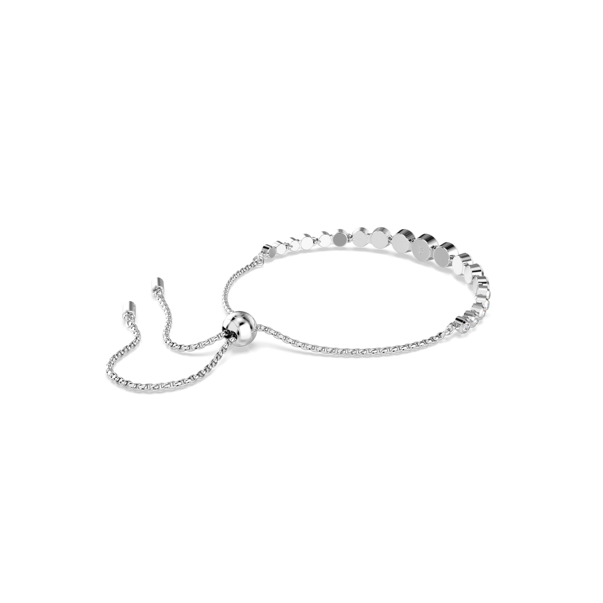 The Swarovski Imber bracelet, crafted with mixed round cuts in white and finished with rhodium plating, features a stylish sliding bead clasp for an adjustable fit. Elegant rows of shiny circular discs accent one side, beautifully displayed against a plain white background.