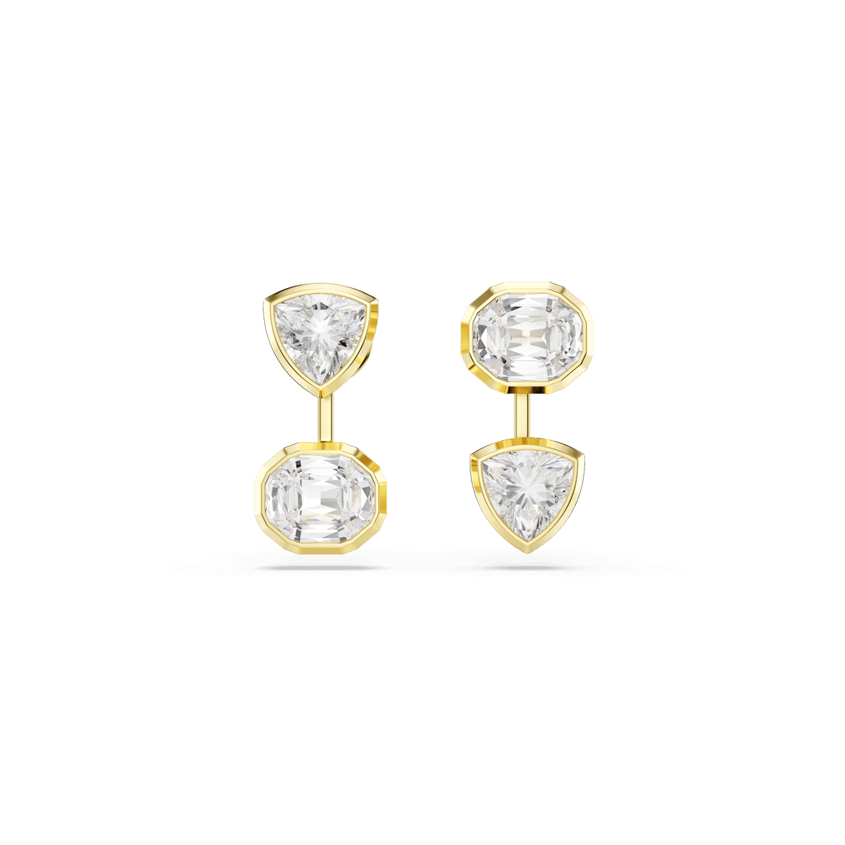 Swarovski Imber earring jackets by Swarovski, featuring an asymmetrical design with mixed cuts of clear stones—including a trilliant-cut gemstone on top and an emerald-cut stone below—both set in gold-tone plating and displayed against a plain white background.
