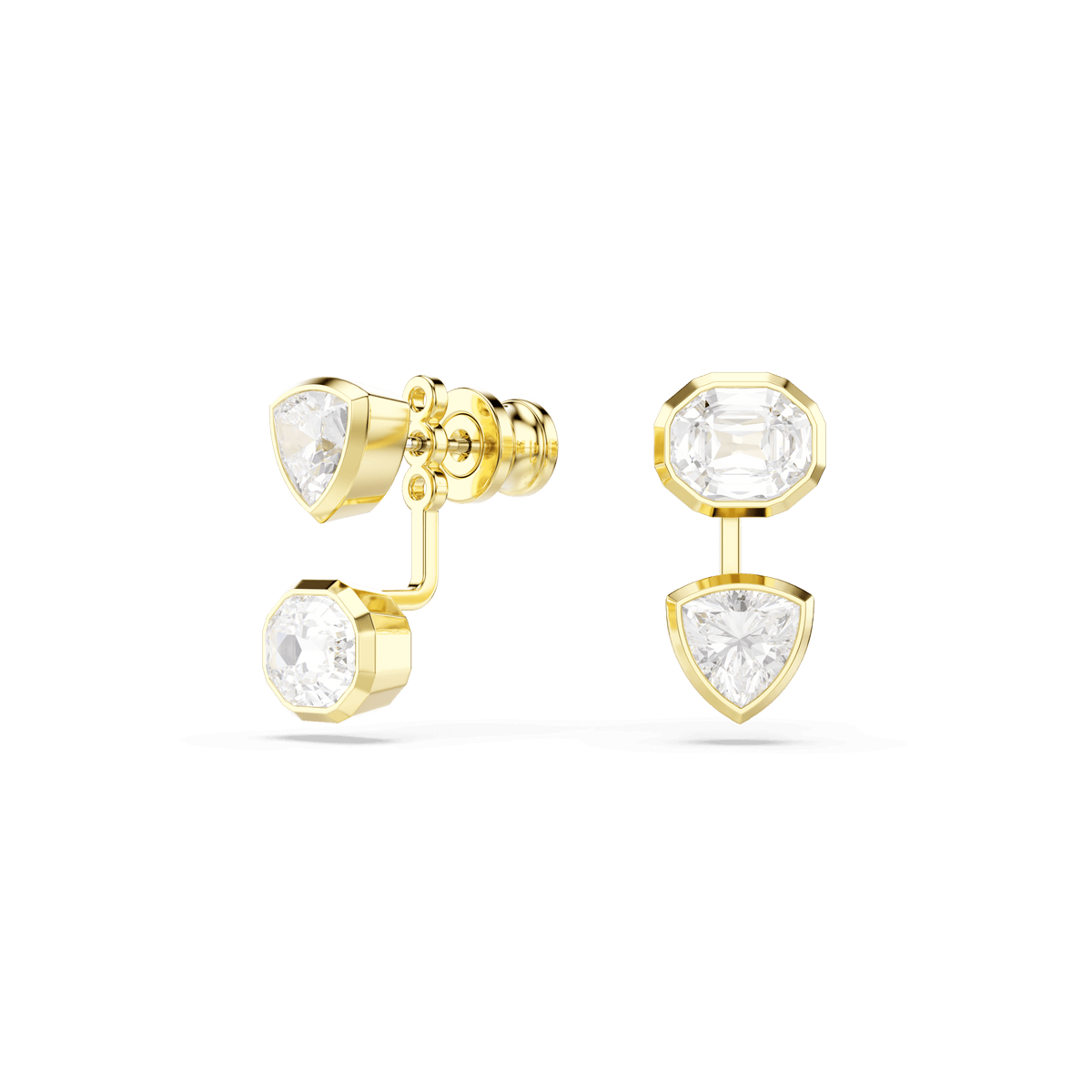 Swarovski Imber earring jackets from Swarovski feature an asymmetrical design with mixed cuts, showcasing one rectangular and one triangular clear gemstone on each gold-tone plated earring, displayed against a plain white background.