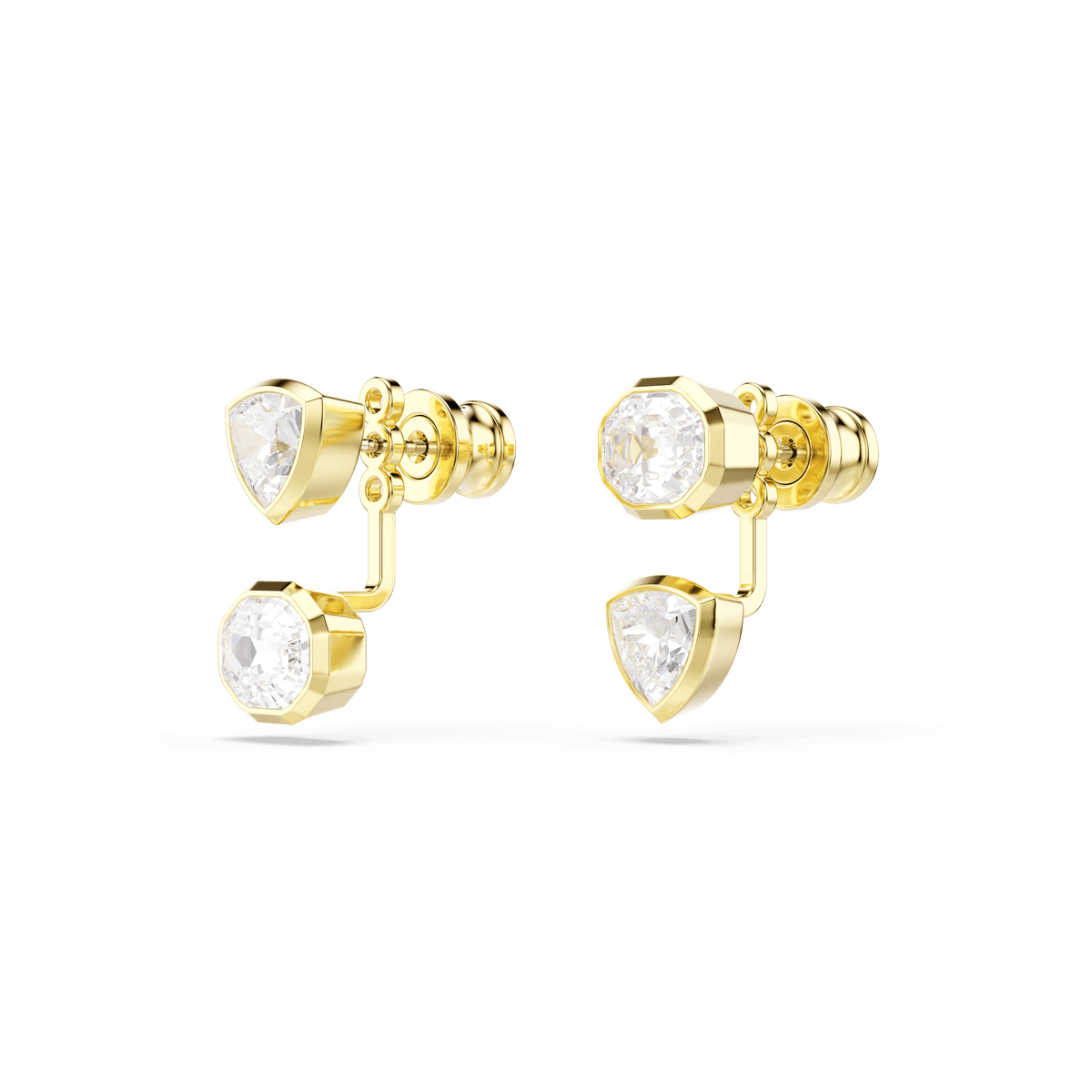Swarovski Imber earring jackets by Swarovski feature an asymmetrical, geometric design with mixed-cut white crystals set in gold-tone plating, showcased against a plain white background.