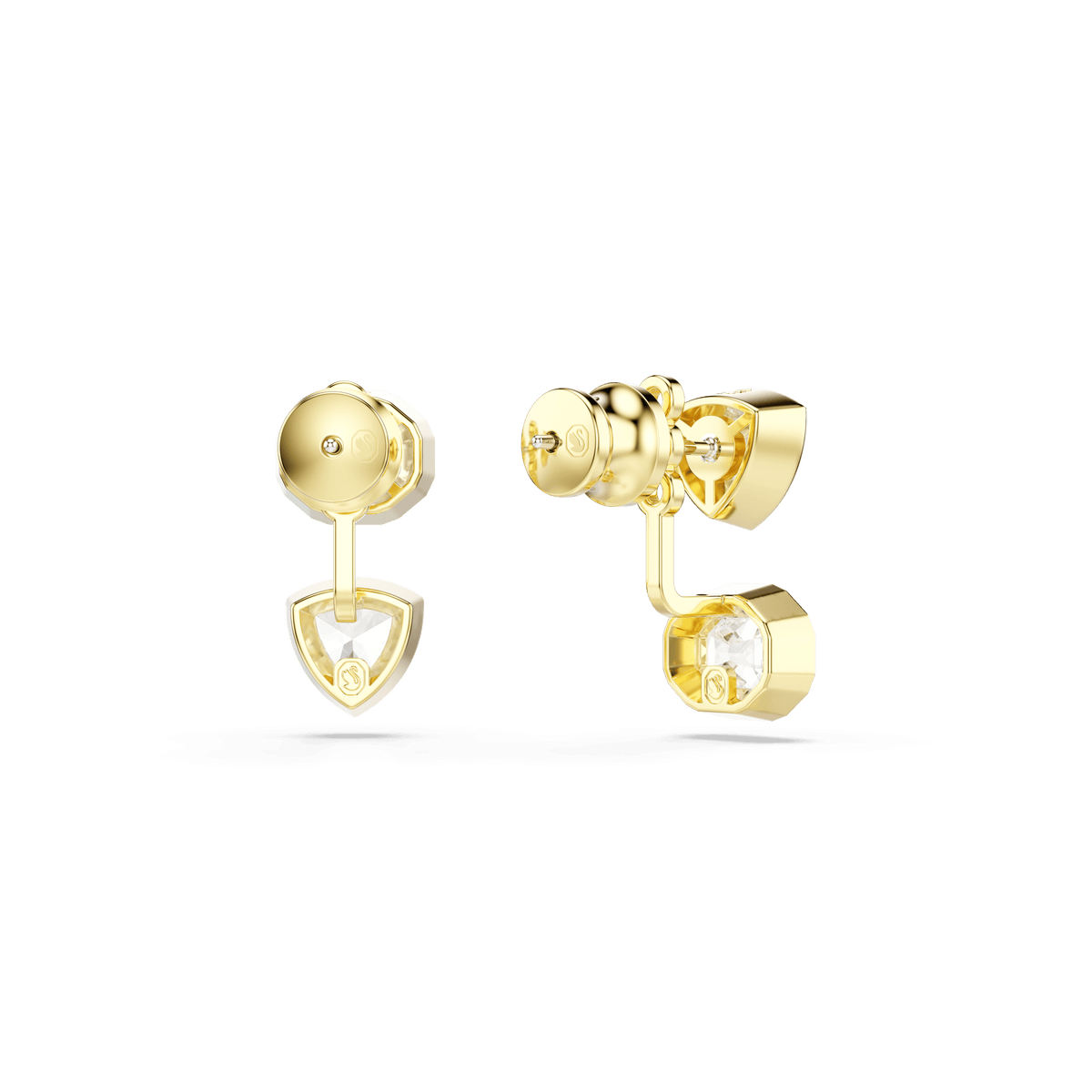 The Swarovski Imber earring jackets feature a gold-tone plated, asymmetrical design with mixed cuts and white accents; each earring displays a round stud and shield-shaped dangling element adorned with a small clear gemstone, presented against a plain white background.