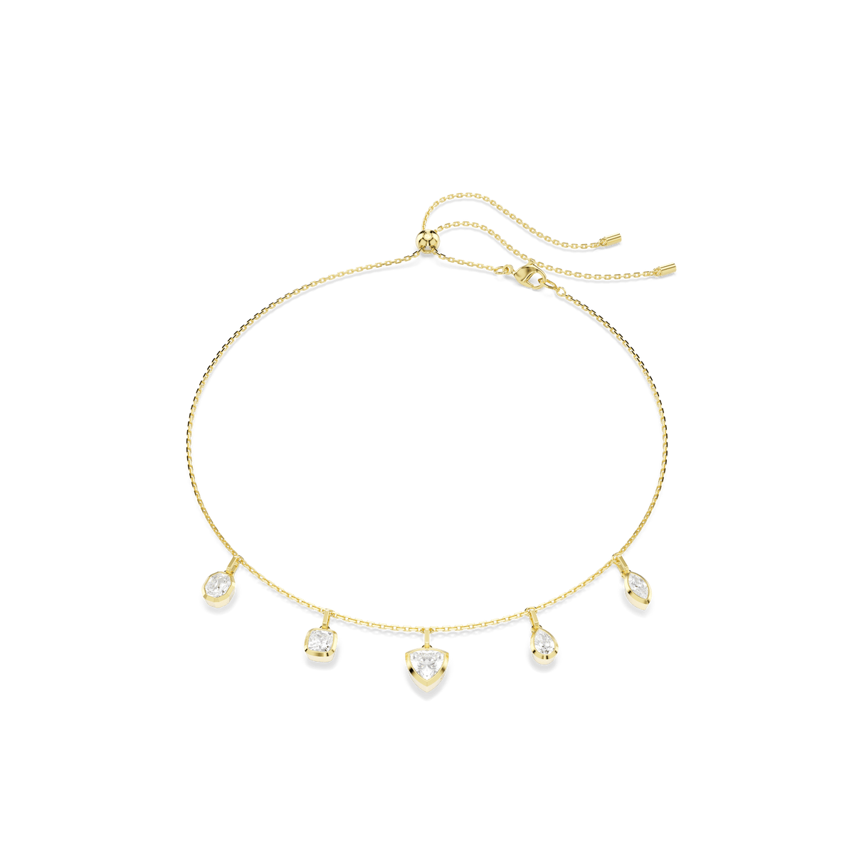 Experience the elegance of the Swarovski Imber Necklace (Style Number: ), featuring a delicate gold-tone chain adorned with five evenly spaced, shimmering crystal charms. Designed with an adjustable sliding clasp and two dangling chain ends, this exquisite piece is available from an authorized retailer of Swarovski Canada.