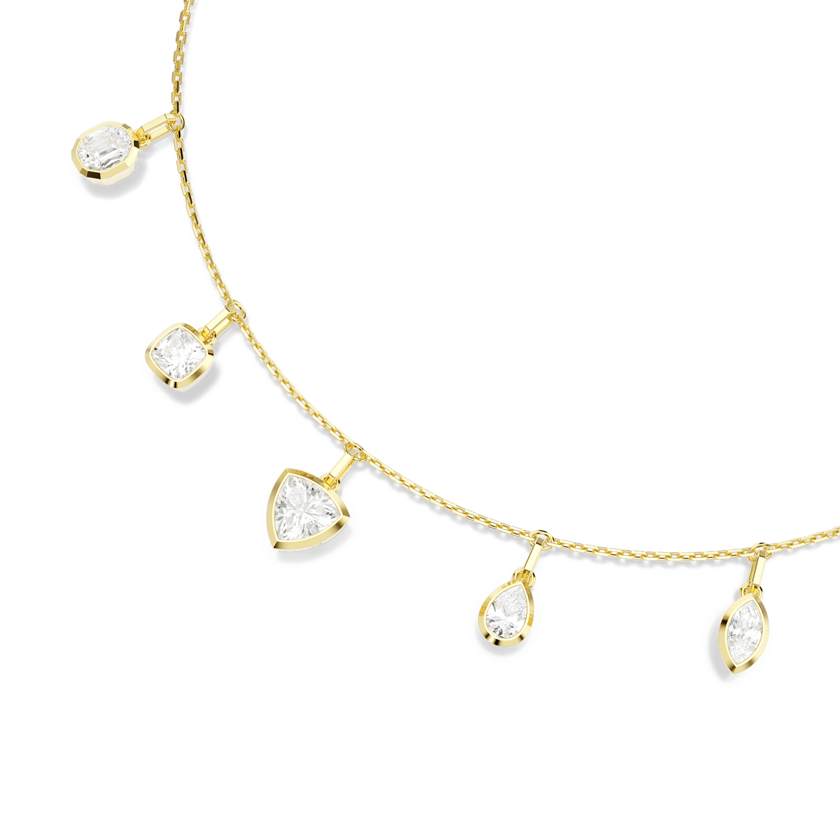 A gold-tone Swarovski Imber Necklace by Swarovski, style number Style Number, is displayed against a light grey background. The necklace features five dangling charms, each adorned with a unique clear faceted crystal in emerald, cushion, triangle, pear, and marquise cuts. Shop this stunning piece from an authorized retailer of Swarovski Canada.