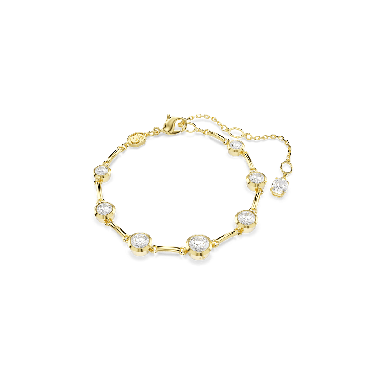 Showcased on a plain white background, the Swarovski Imber Tennis bracelet by Swarovski features mixed round-cut, white gemstones evenly spaced along a gold-tone plated chain, reminiscent of a classic tennis bracelet. An adjustable clasp and an extra gem at the end of the extension complete this elegant design.