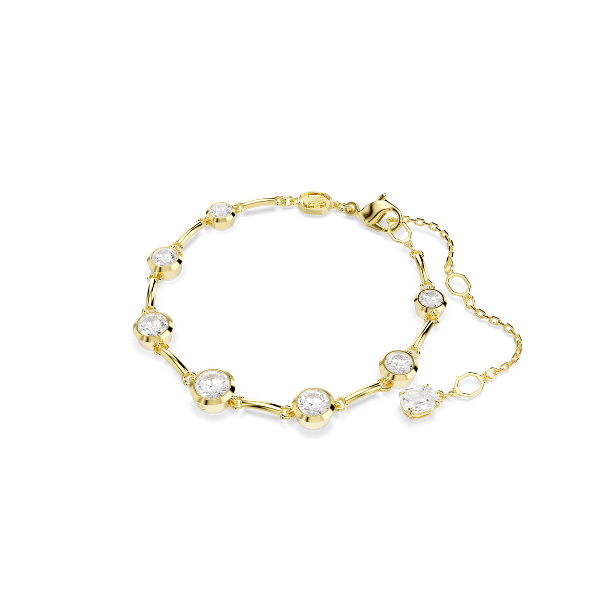 Experience the refined elegance of the Swarovski Imber Tennis Bracelet—a gold-tone plated accessory adorned with mixed round white stones, each beautifully bezel-set along a delicate chain. Featuring an adjustable clasp for a perfect fit, this Swarovski creation offers timeless sparkle and effortless sophistication, inspired by the iconic style available from official Swarovski Canada.