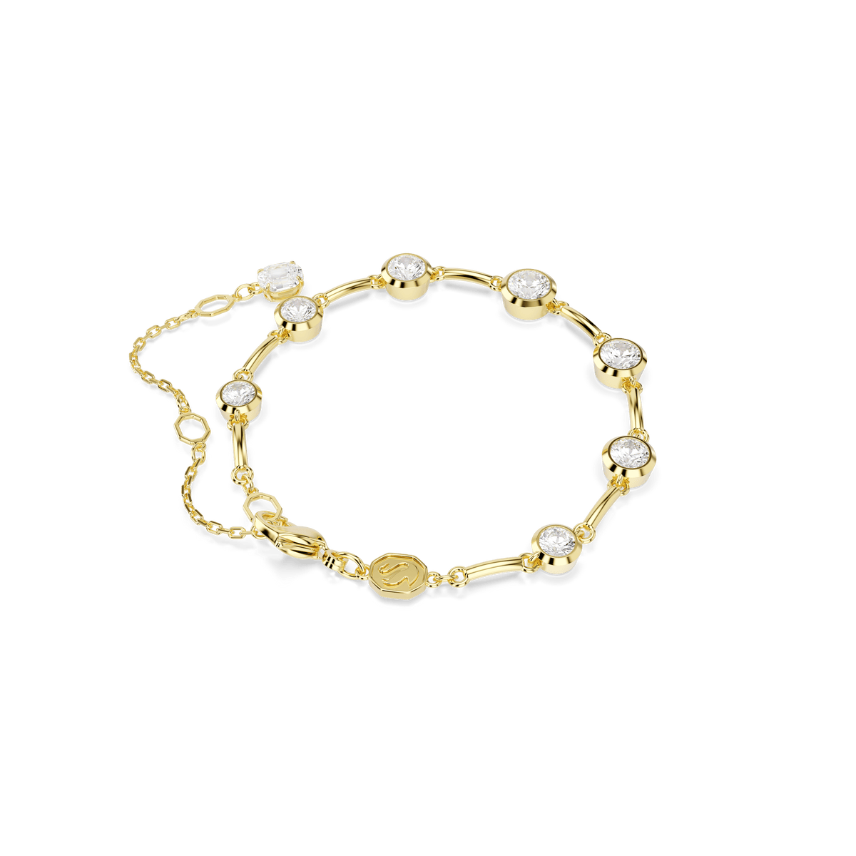 The Swarovski Imber Tennis Bracelet features mixed round cuts of white, clear gemstones set between slim gold-tone plated bars, an adjustable chain, and a small hexagonal charm—a refined design available from official Swarovski Canada.