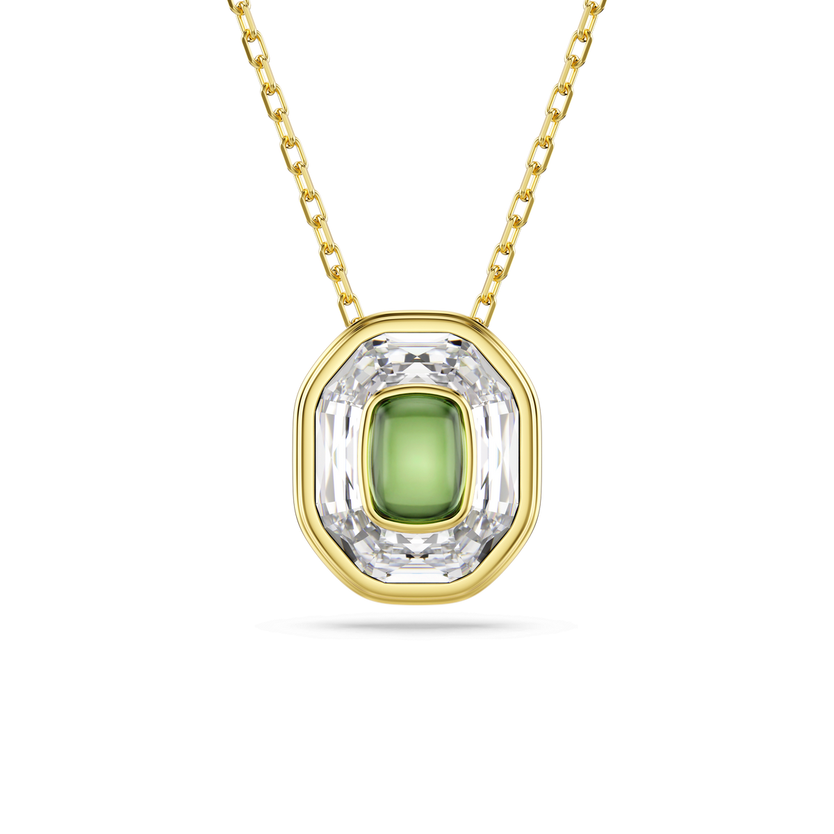 Swarovski Chroma pendant, featuring an octagon-cut green Swarovski crystal at its center and surrounded by clear crystals set within a gold-tone plated rectangular chain.