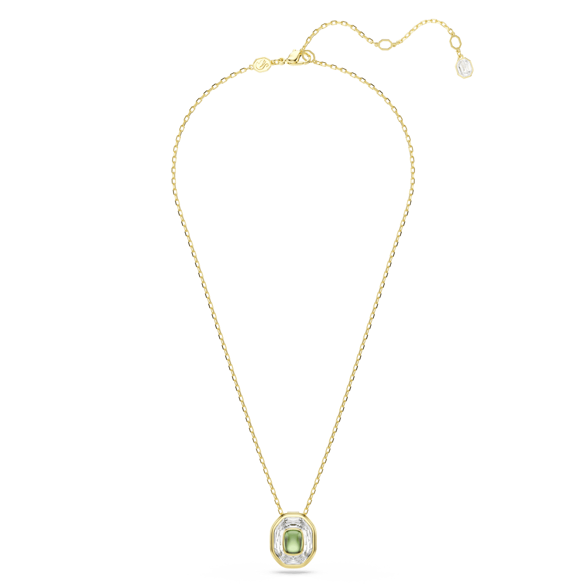 Introducing the Swarovski Chroma pendant: a gold-tone plated chain necklace with an adjustable clasp, showcasing a striking rectangular green octagon-cut Swarovski gemstone, elegantly framed by a gold and silver border—all beautifully displayed against a white background.