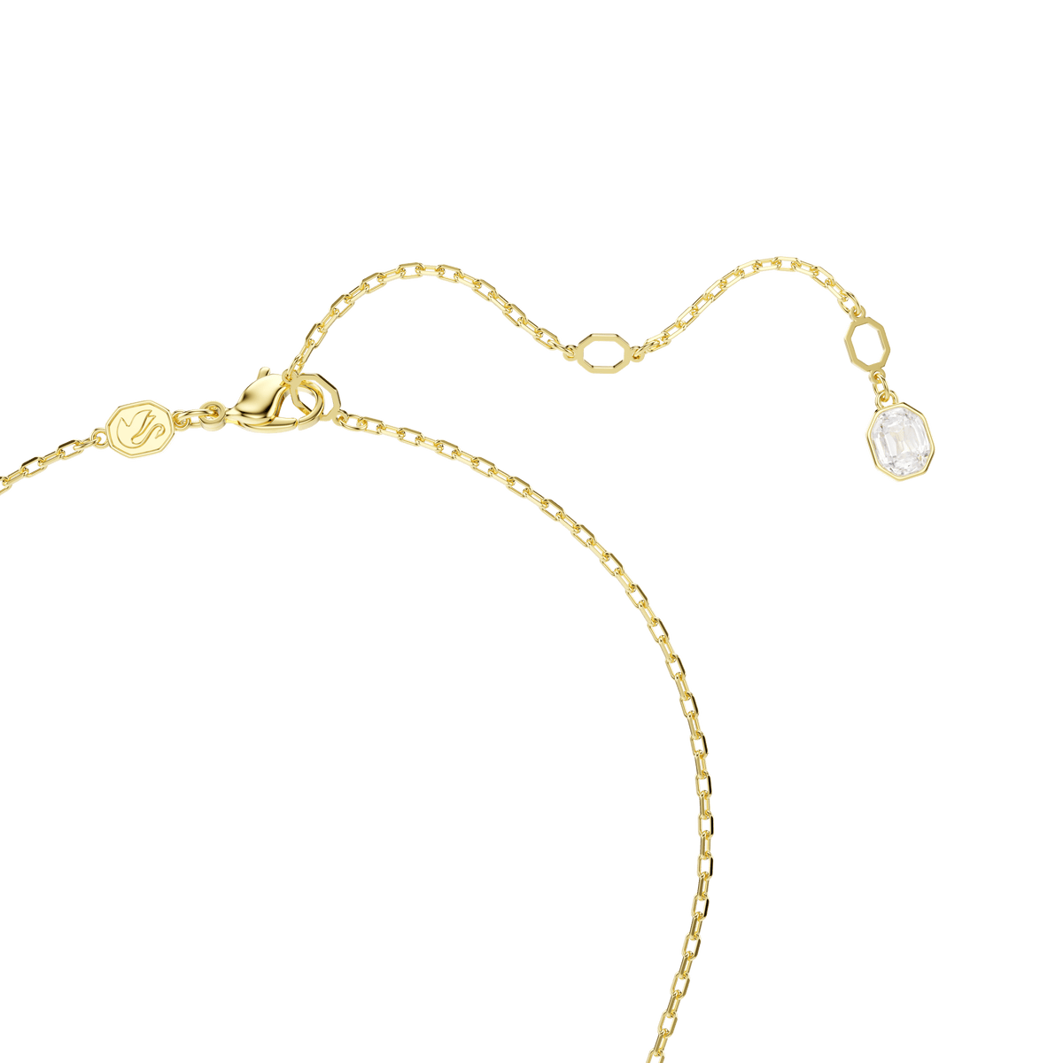 A refined gold-tone bracelet by Swarovski featuring a delicate chain with an adjustable clasp, adorned with a tiny geometric charm and a single green octagon-cut Swarovski Chroma pendant suspended from the end.
