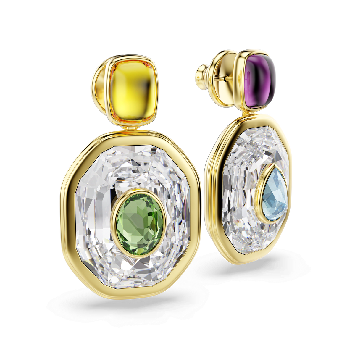 Experience bold elegance with the Swarovski Chroma drop earrings, featuring an asymmetrical design and multicoloured octagon-cut gemstones. Each gold-tone plated earring showcases a large clear stone adorned with a colored oval gem at its center—one green, one blue—and is topped with vibrant square-cut stones in yellow and purple. Inspired by Swarovski’s celebrated craftsmanship, these striking earrings combine brilliant sparkle with innovative style.