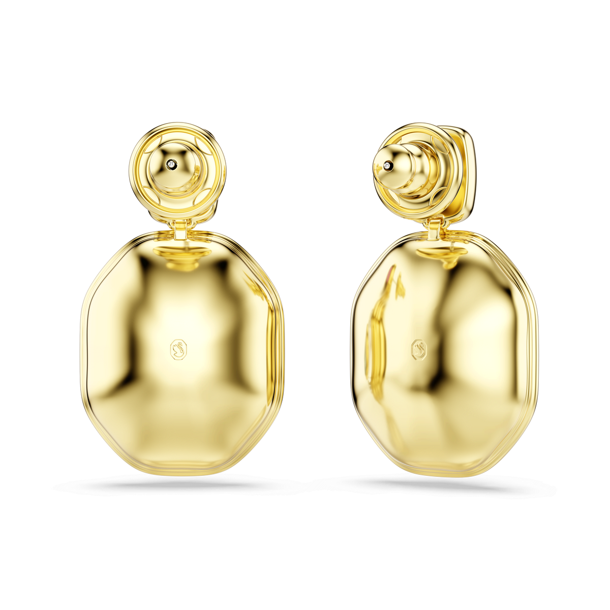A pair of Swarovski Chroma drop earrings featuring an asymmetrical design with large, multicoloured octagon-cut drops and gold-tone plating, elegantly displayed on a plain white background.