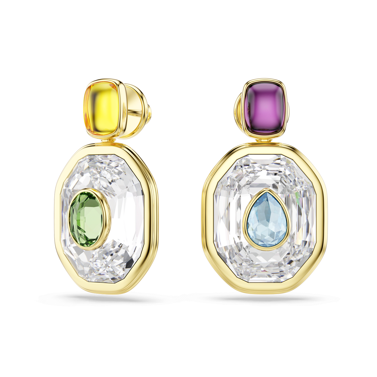 These Swarovski Chroma drop earrings from Swarovski feature an asymmetrical design in gold-tone plating, each adorned with large, clear octagon-cut stones. One earring pairs a green oval gem and yellow top stone, while the other showcases a blue teardrop gem and purple top stone—an exquisite blend of color and sophistication.