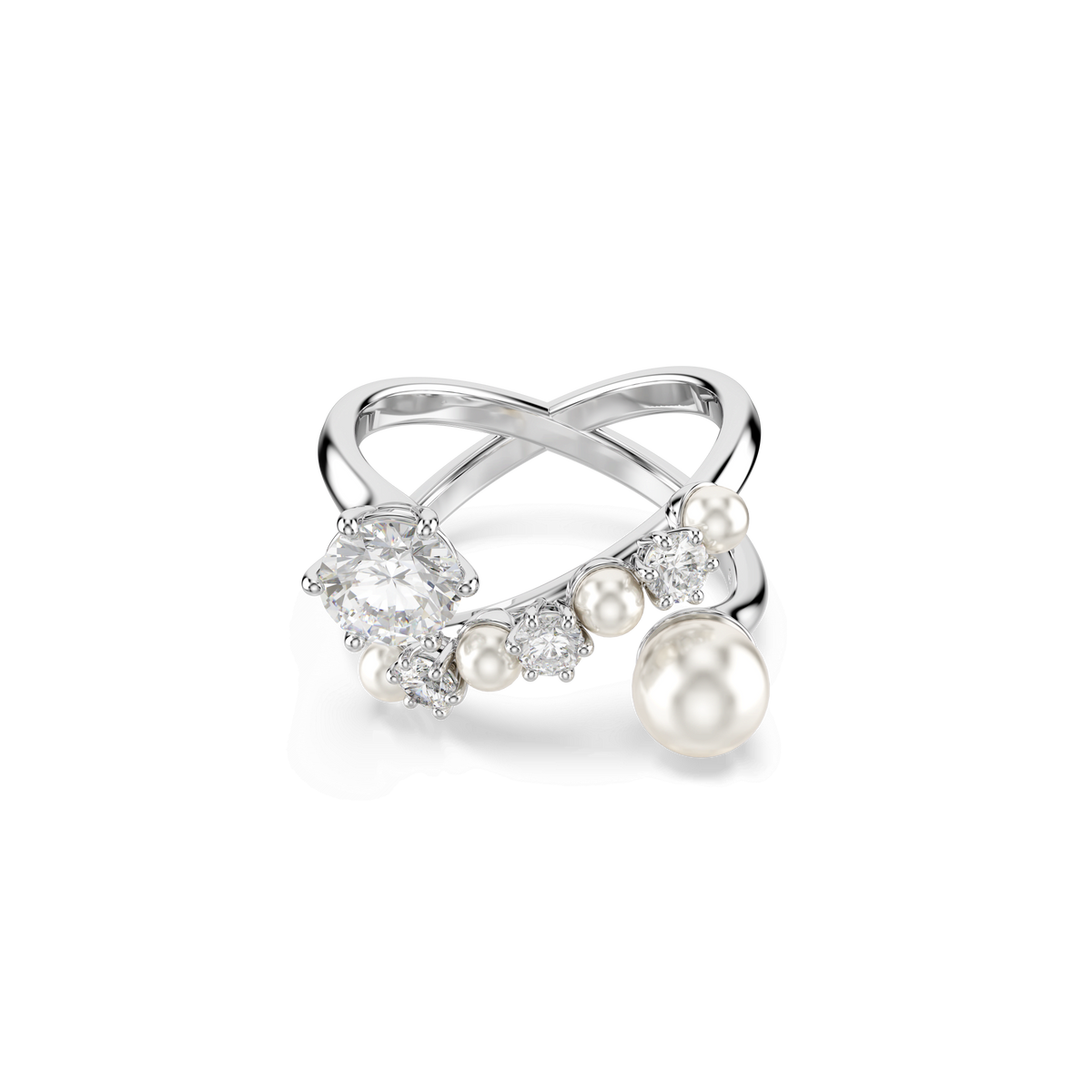 Introducing the Swarovski Matrix Pearl Ring, a refined piece from Swarovski Canada. This rhodium-plated ring in size 55 showcases an elegant X-shaped band adorned with three luminous pearls, three sparkling clear gemstones, one striking Swarovski pearl, and a captivating large Swarovski gemstone. Its modern design and impeccable craftsmanship shine brightly against a white background, making it an exquisite choice for any sophisticated collection.