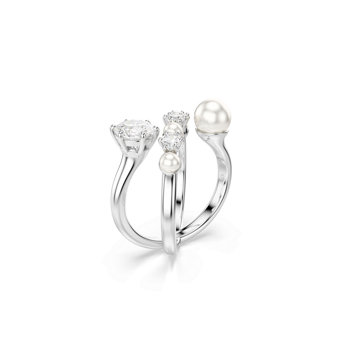 Introducing the Swarovski Matrix Pearl Ring in white, size 55, by Swarovski—a rhodium-plated design showcasing three elegant bands, each embellished with a unique gemstone: a large diamond-like stone, a petite Swarovski pearl, and a medium-sized pearl, all set against a crisp white background.