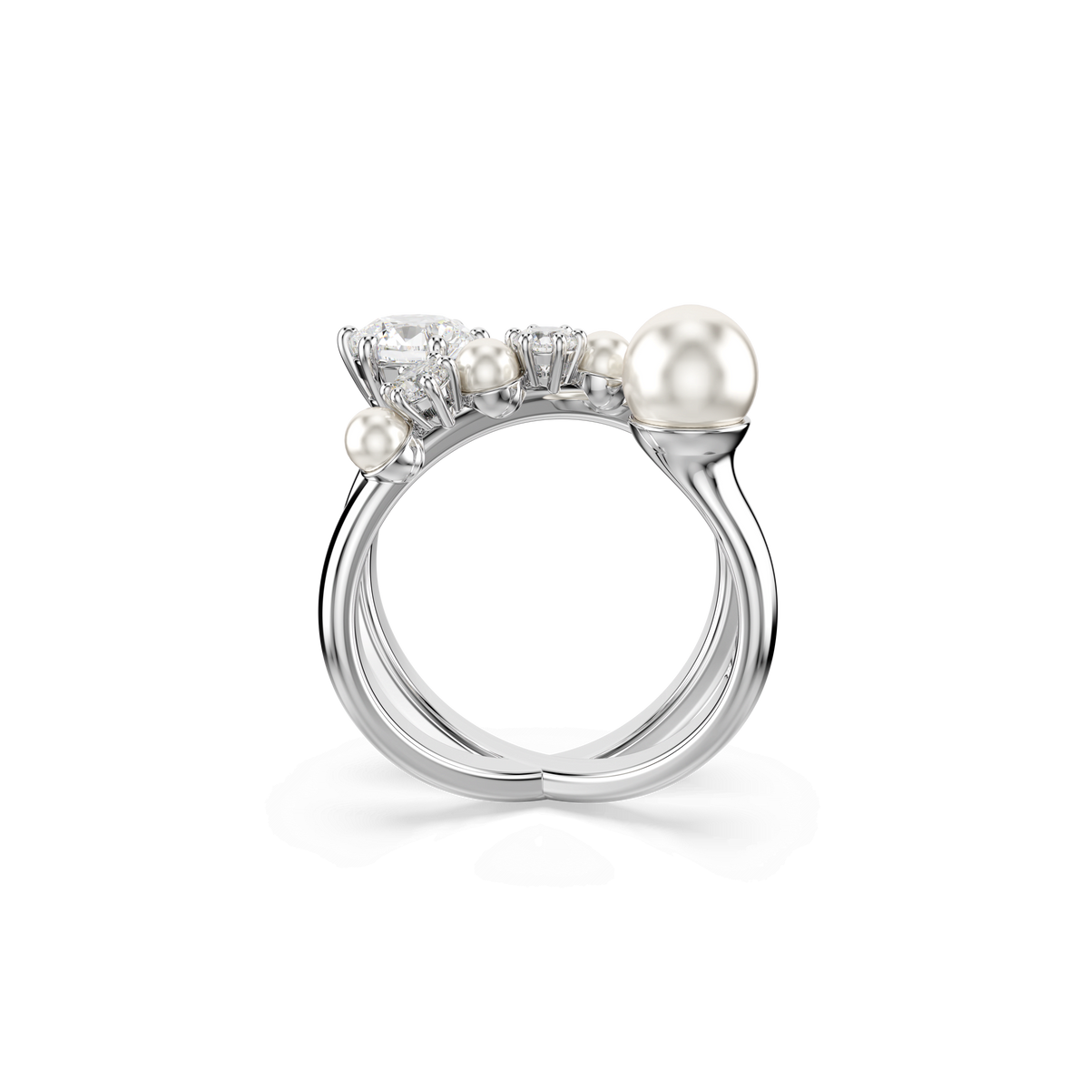 The Swarovski Matrix Pearl Ring in white, size 55, is rhodium plated for lasting shine and showcases a large central pearl accented by two smaller pearls and two clear gemstones, elegantly set and displayed against a plain white background.
