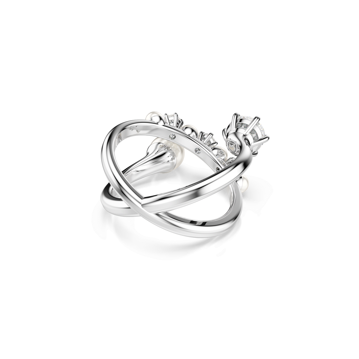 The Swarovski Matrix Pearl Ring, White, Rhodium Plated Size 55 by Swarovski features two intertwined bands adorned with small round diamonds and a lustrous central pearl set in a prong setting. Displayed against a white background, this elegant piece captures the timeless charm characteristic of Swarovski Canada designs.