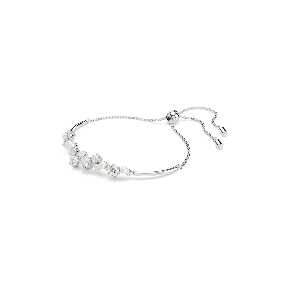 Discover the Swarovski Constella bangle by Swarovski—a rhodium plated piece featuring a graceful row of round-cut Swarovski Zirconia and luminous Swarovski Crystal Pearls at the center, elegantly designed in white.