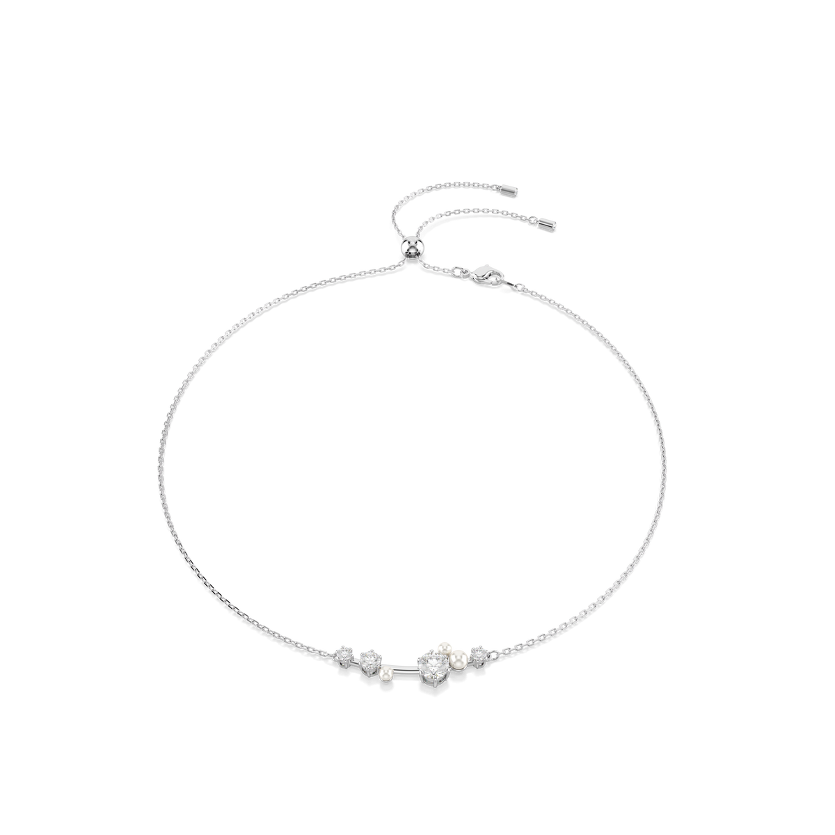 The Swarovski Constella necklace is a rhodium plated piece adorned with luminous round-cut crystal pearls, displayed against a plain white background—a sophisticated and versatile accessory by Swarovski, perfect for any occasion.