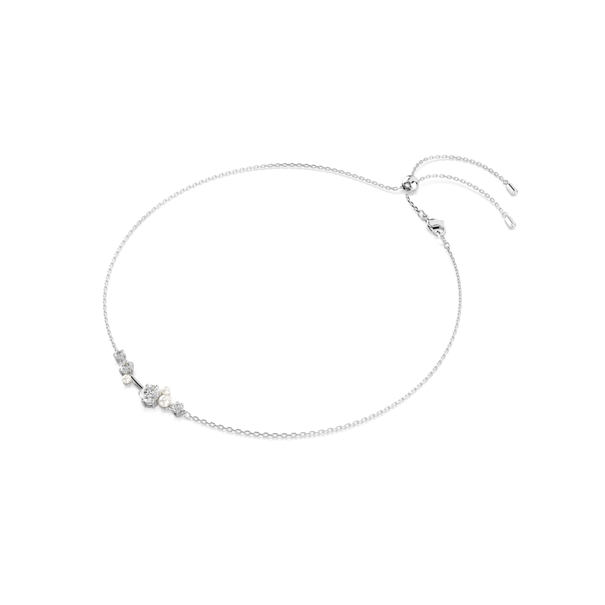 Introducing the Swarovski Constella necklace, a refined rhodium plated piece adorned with five round-cut crystal pearls at its center, elegantly displayed on a white background. The slender chain includes an adjustable clasp and extender for customizable sizing, making this versatile Swarovski accessory perfect for any occasion.