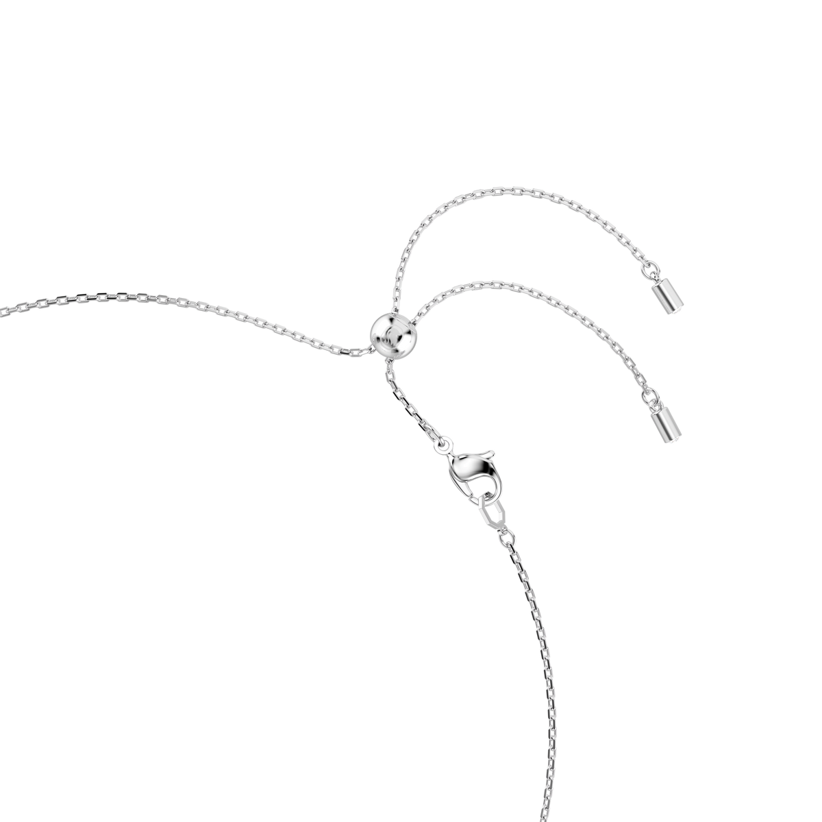 A Swarovski Constella necklace, featuring crystal pearls and round-cut stones set in rhodium plating, is showcased against a plain white background. This elegant accessory from Swarovski effortlessly enhances both casual and formal ensembles.