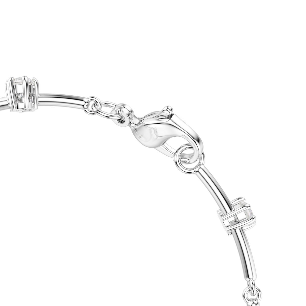 A close-up of the Swarovski Constella Tennis bracelet by Swarovski, featuring a silver design with a lobster clasp and multiple small, cylindrical decorative elements along its length, set against a plain white background.