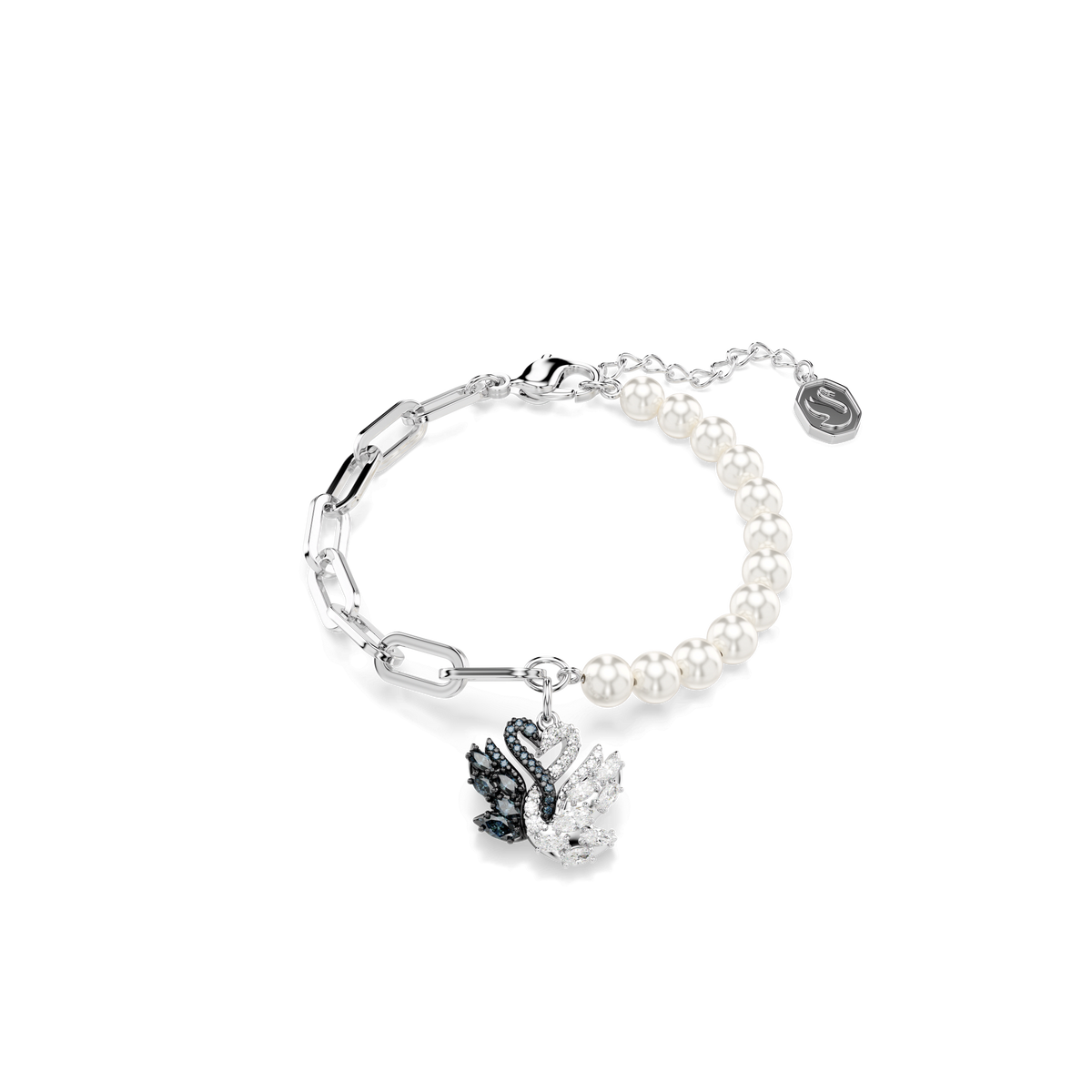 Introducing the Swarovski Swan bracelet: a sophisticated accessory crafted by Swarovski, featuring a rhodium-plated design with half metal chain and half crystal pearl beads. This elegant bracelet showcases a signature Swan charm adorned with black, white, and clear crystals, complemented by an adjustable clasp with a petite round tag—an exquisite piece inspired by the timeless elegance of Swarovski.