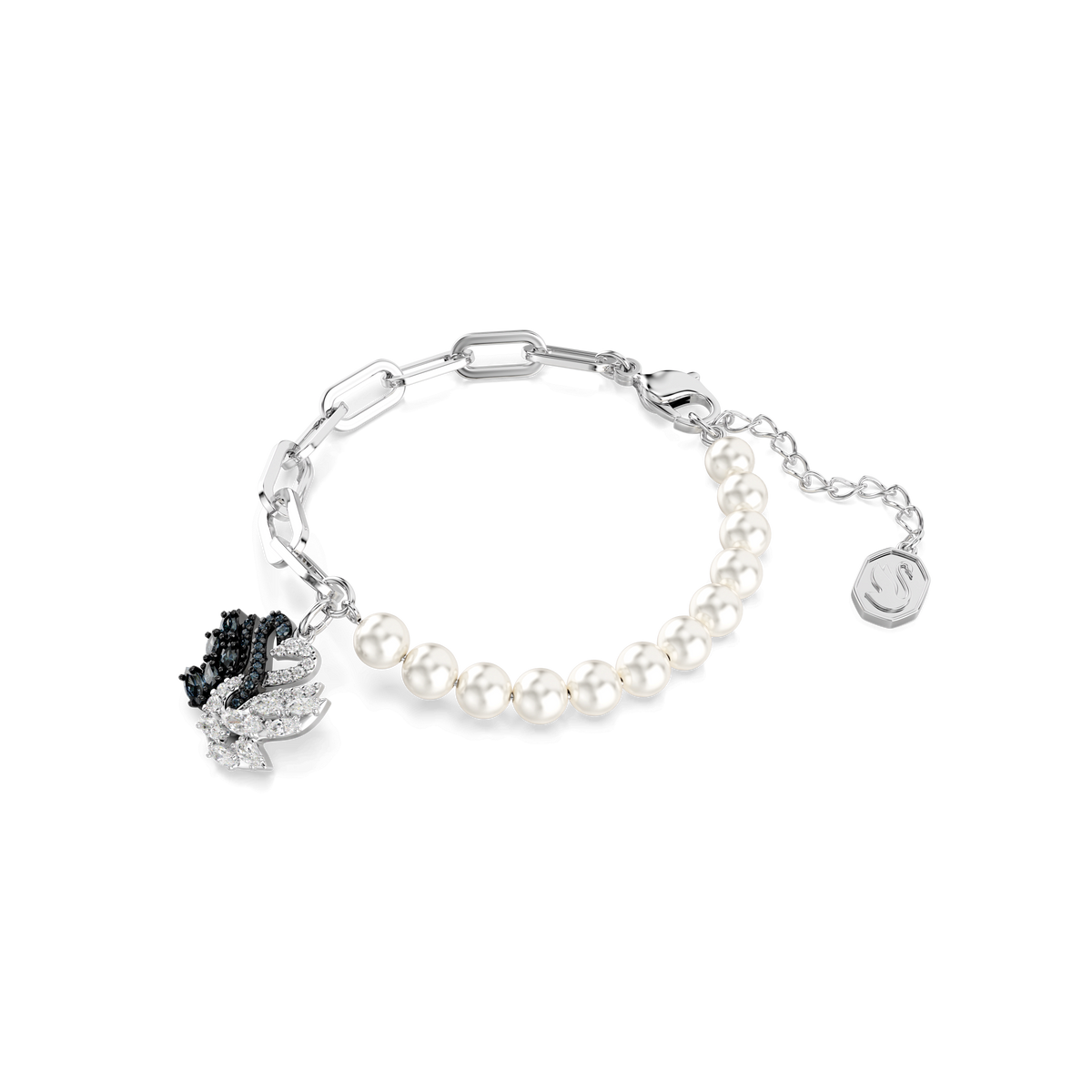 Introducing the Swarovski Swan bracelet, featuring half white crystal pearls and half rhodium-plated silver chain links. This elegant piece showcases a black and white swan charm adorned with sparkling stones, along with an adjustable clasp and a signature round tag—reflecting the timeless sophistication of Swarovski, available at Swarovski Canada.
