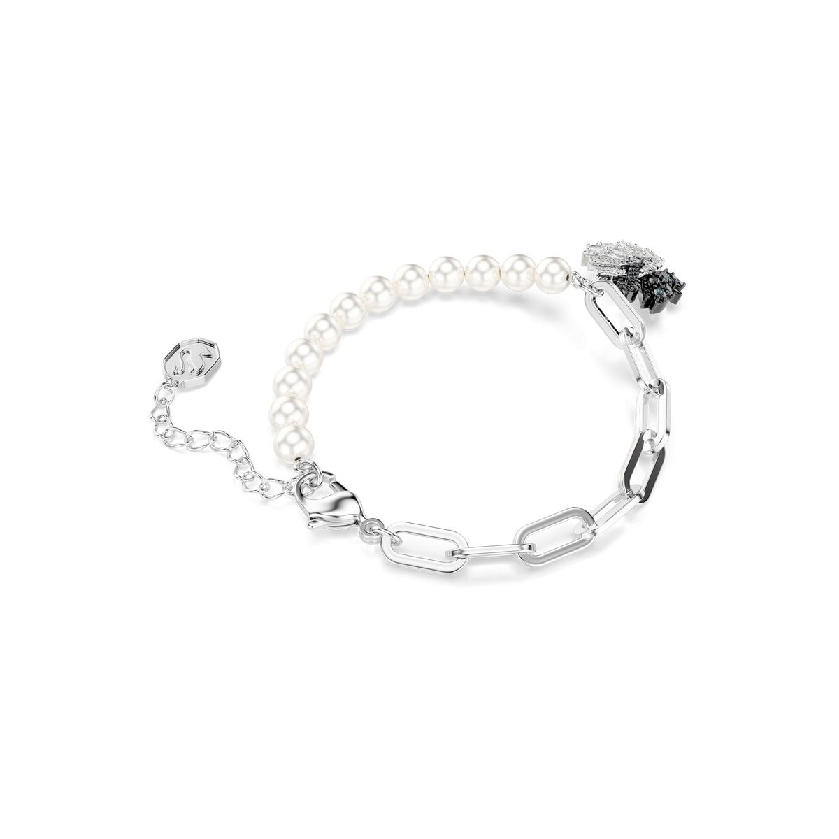 The Swarovski Swan bracelet features half white crystal pearls and half rhodium plated chain links, adorned with a small black swan charm and an adjustable clasp, shown against a white background.