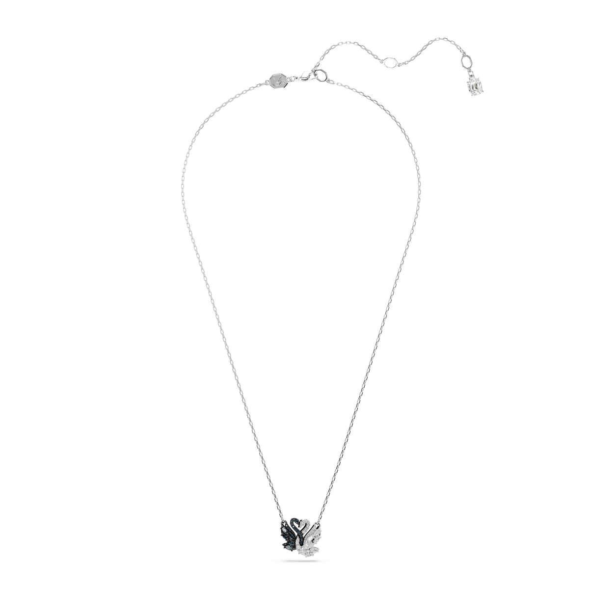 Experience timeless elegance with the Swarovski Swan Pendant Necklace, featuring the iconic swan motif adorned with black and white crystals. This exquisite piece showcases a mixed metal finish on a delicate chain and is completed with an adjustable clasp and a petite charm for added sophistication.