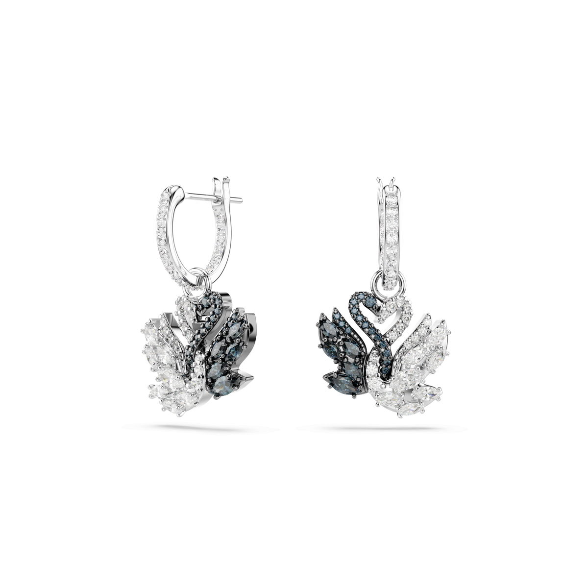 A pair of Swarovski Swan drop earrings, featuring elegant black swan designs adorned with sparkling gemstones and finished with rhodium plating, displayed against a plain white background.