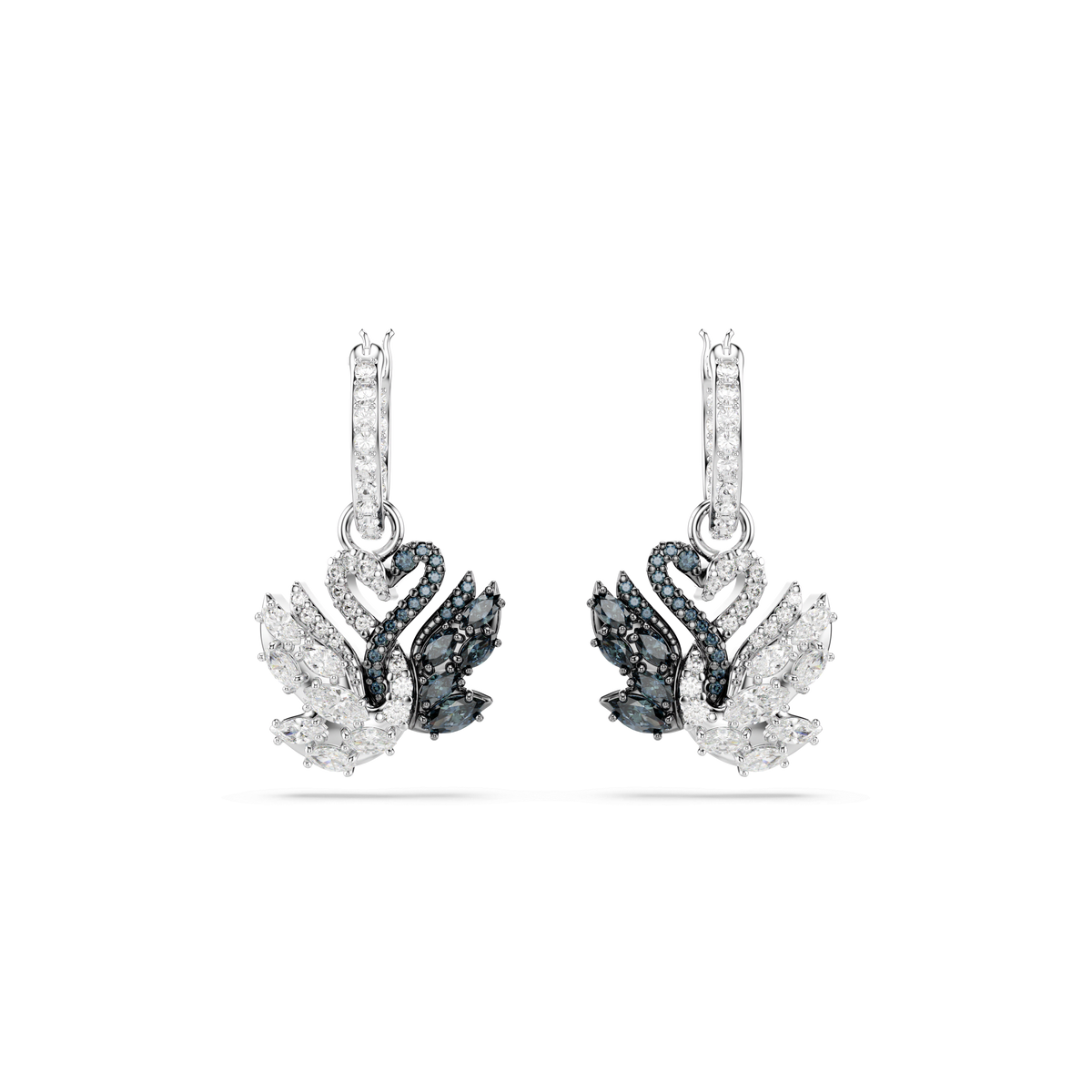 A pair of Swarovski Swan drop earrings by Swarovski, rhodium plated, featuring elegant swan designs with black and clear gemstones forming the wings and bodies, set against a plain white background.
