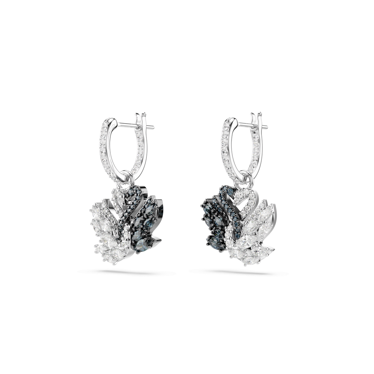 A pair of Swarovski Swan drop earrings in black with rhodium plating, featuring an elegant swan motif, displayed on a plain white background.
