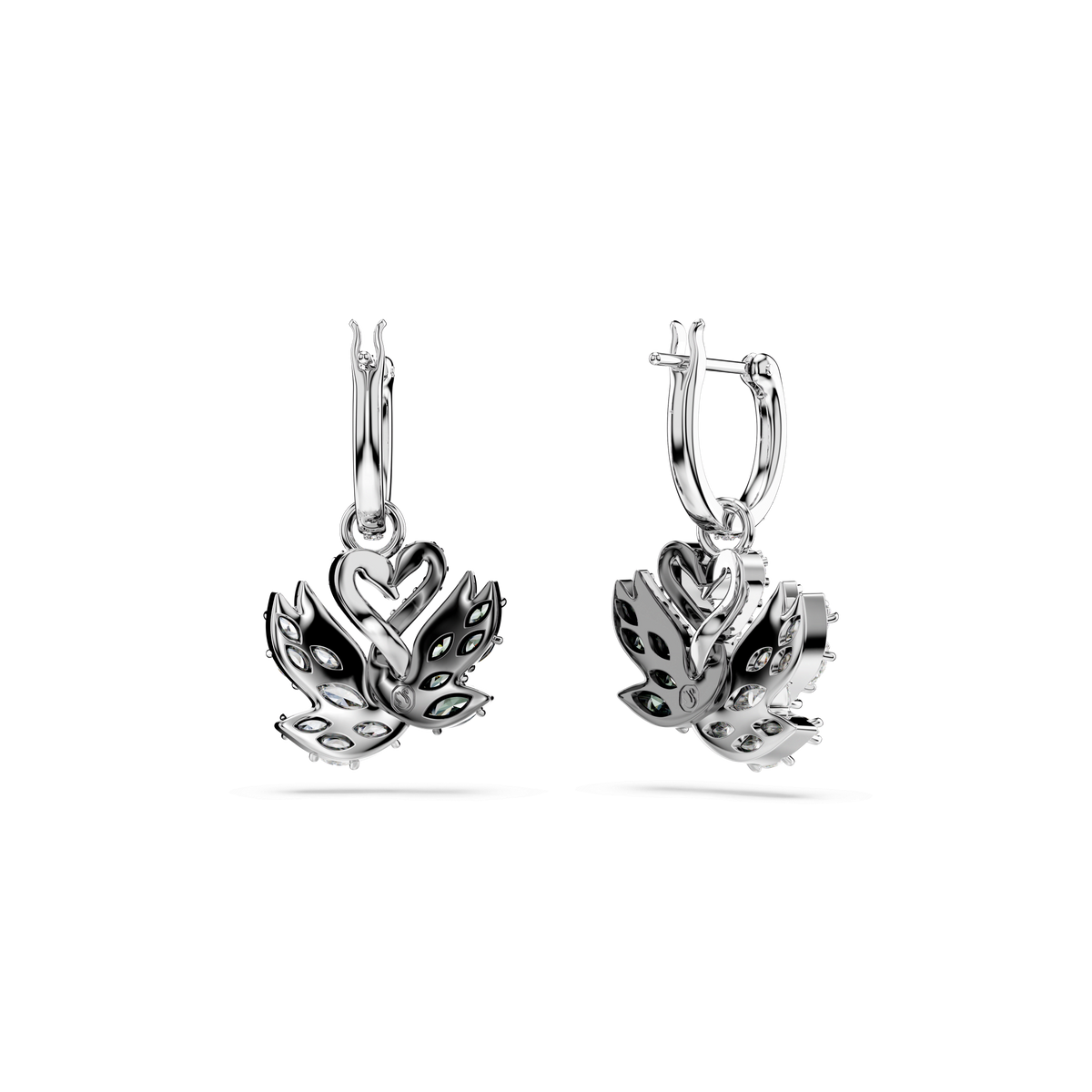 Swarovski Swan drop earrings in black, crafted with rhodium plating, are displayed against a plain white background.